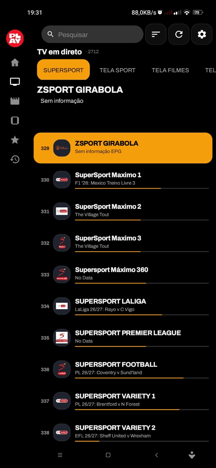 Ecrã da app PLAY com os canais de desporto SuperSport e ZSPORT